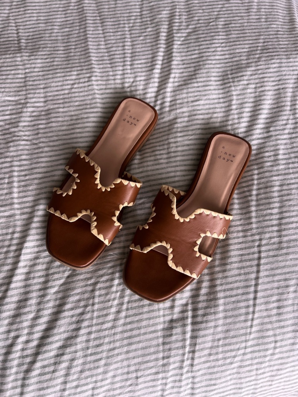 a new day Brown Slide Sandals with Cream Scalloped Trim